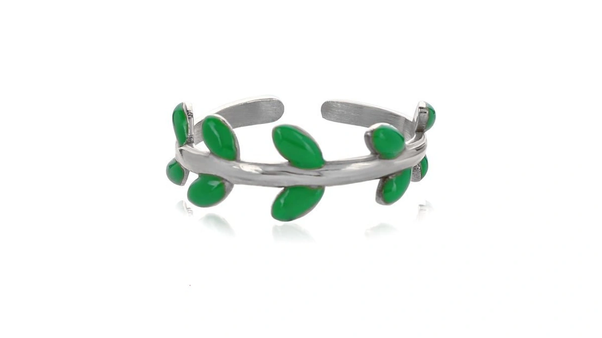 Tayolnfaso Adjustable Green Leaf Rings For Women Stainless Steel Open