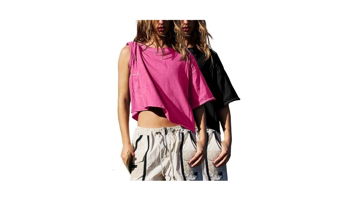 Lentta Women 2 Pack Oversized T-shirt Cropped Short Sleeve Tops