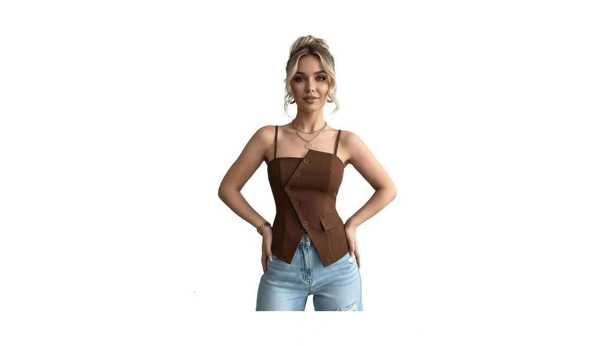 Winkbay Women's Button Down Spaghetti Strap Asymmetrical Fitted Tops Brown