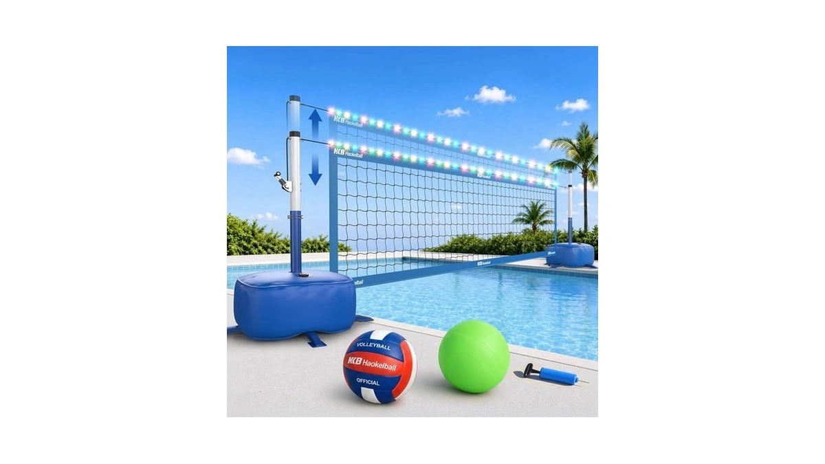 Haokelball Led Pool Volleyball Net Set, Anti-sag Crank System, 100lb