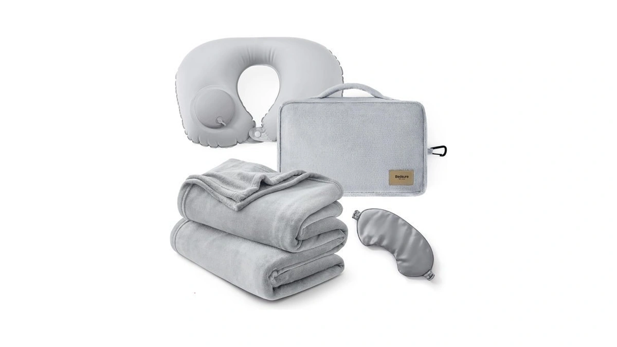 Bedsure Travel Blanket Set With Inflatable Neck Pillow And Eye