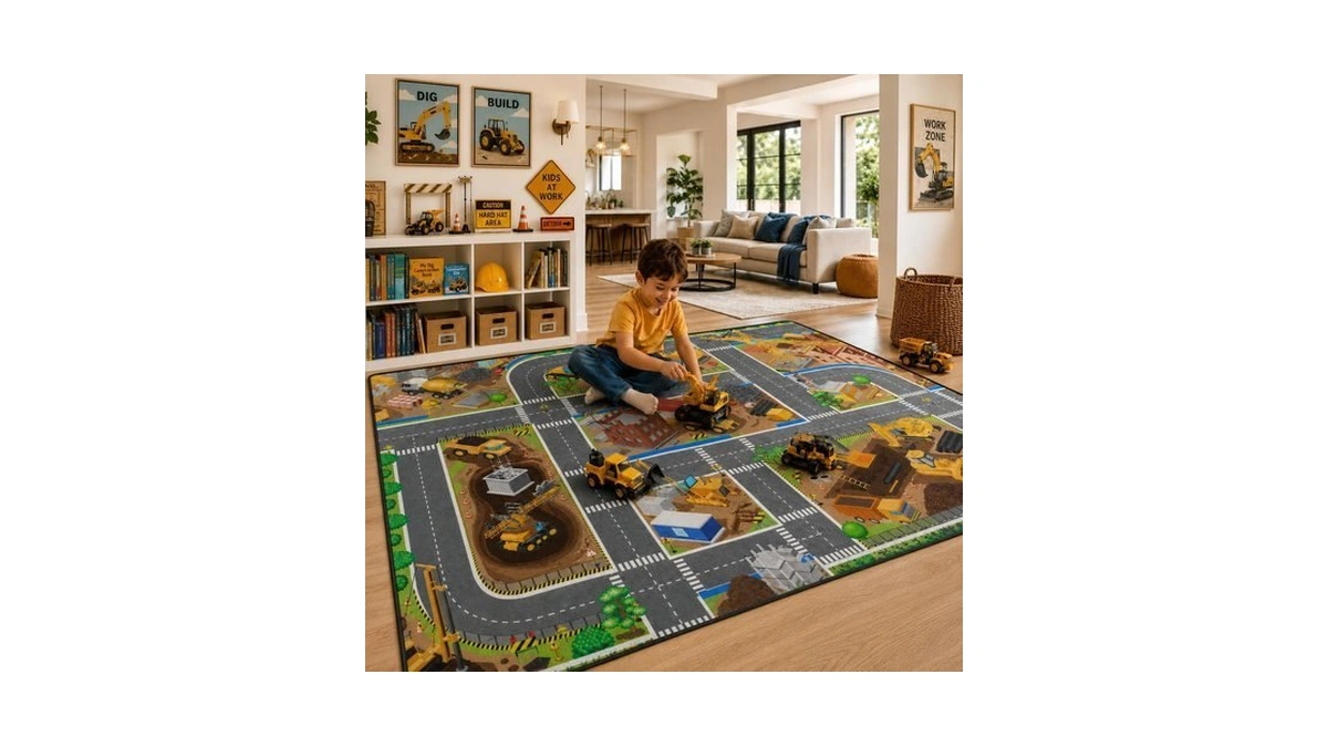 5x7 Kids Rugs For Playroom, Construction Vehicles Playmat Rug For