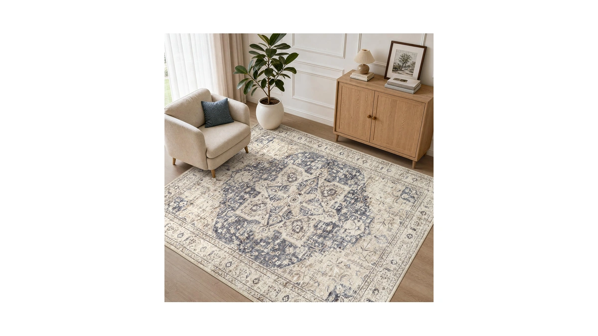 Tortania Area Rug 5x7 Living Room Rug Washable Soft Cream/blue