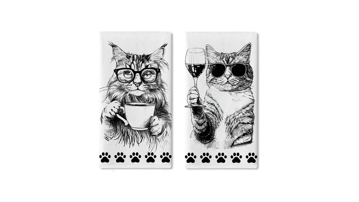 Croar Funny Cat Kitchen Dish Towels Set Of 2, Black