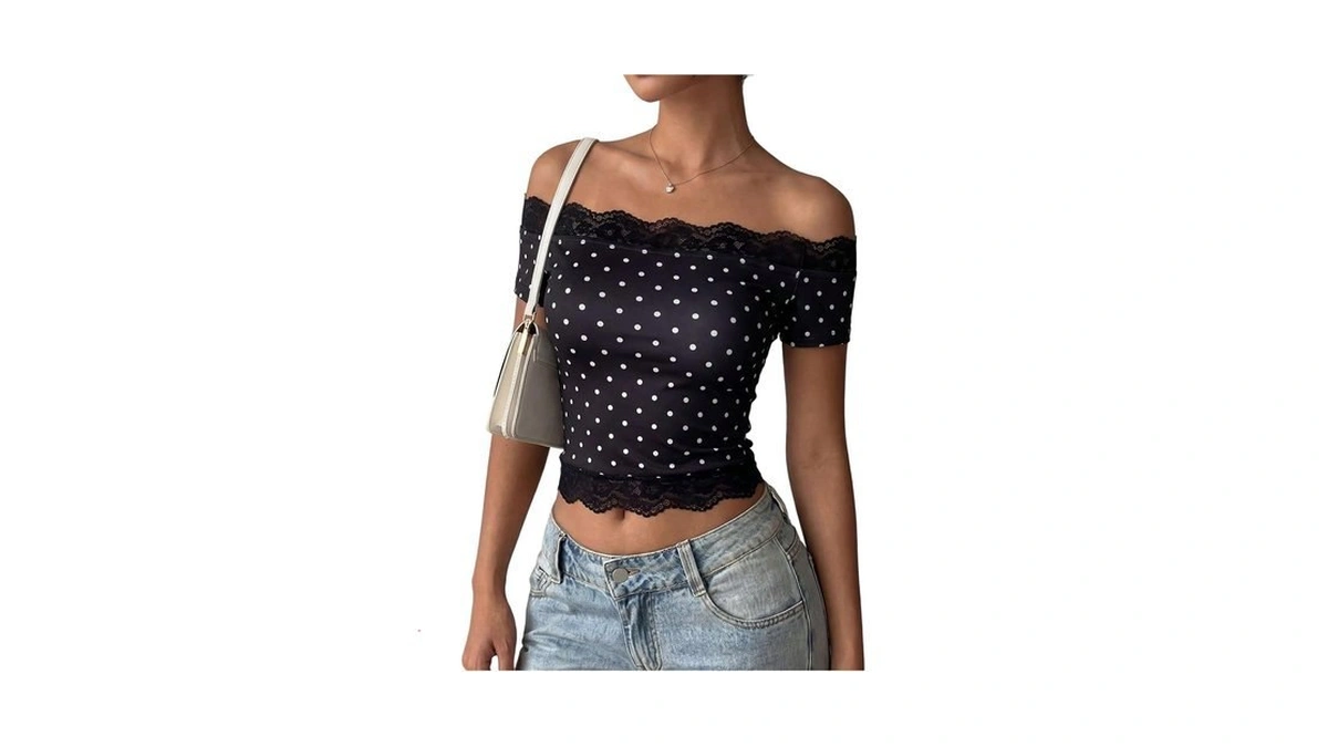 Floerns Women's Polka Dots Lace Off Shoulder Crop Top Short