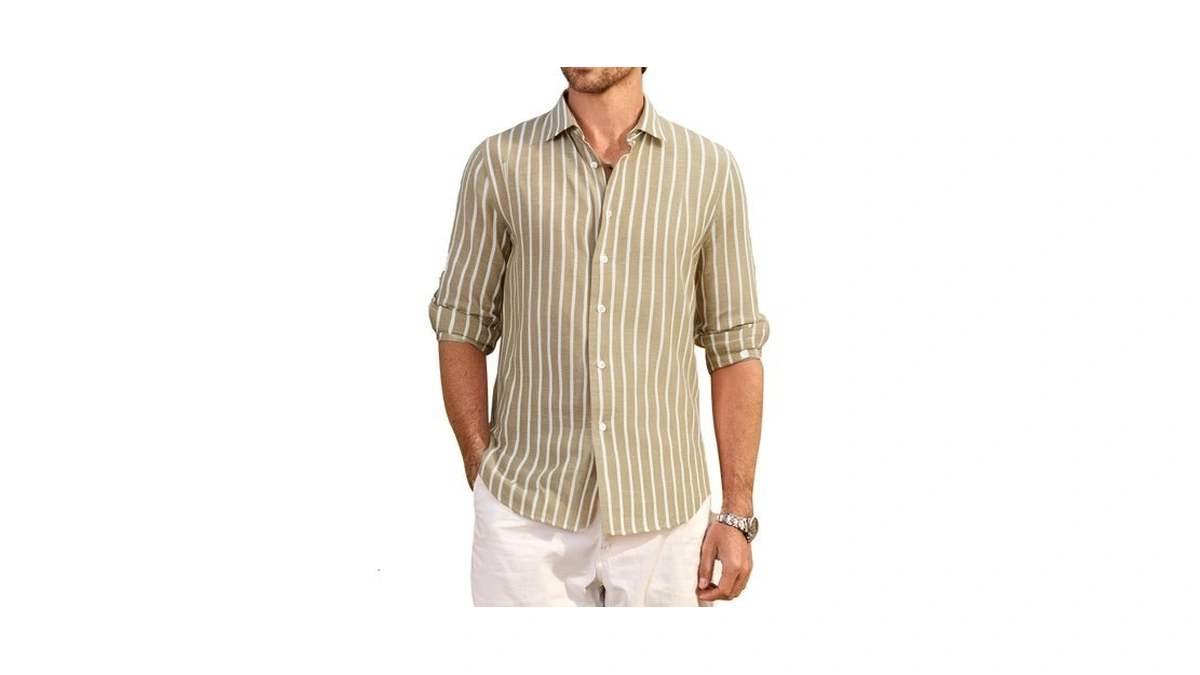 Esabel.c Men's Linen Casual Button Down Shirts Long Sleeve Striped