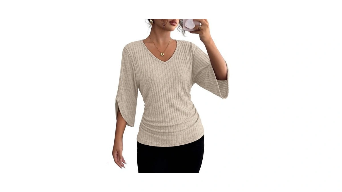Wiholl Womens Tops Dressy Casual 3/4 Length Sleeve V Neck