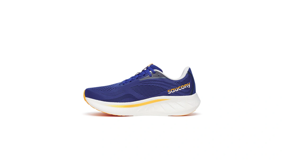 Saucony Men's Ride 18 Sneaker, Azurite/peel, 9.5 Wide