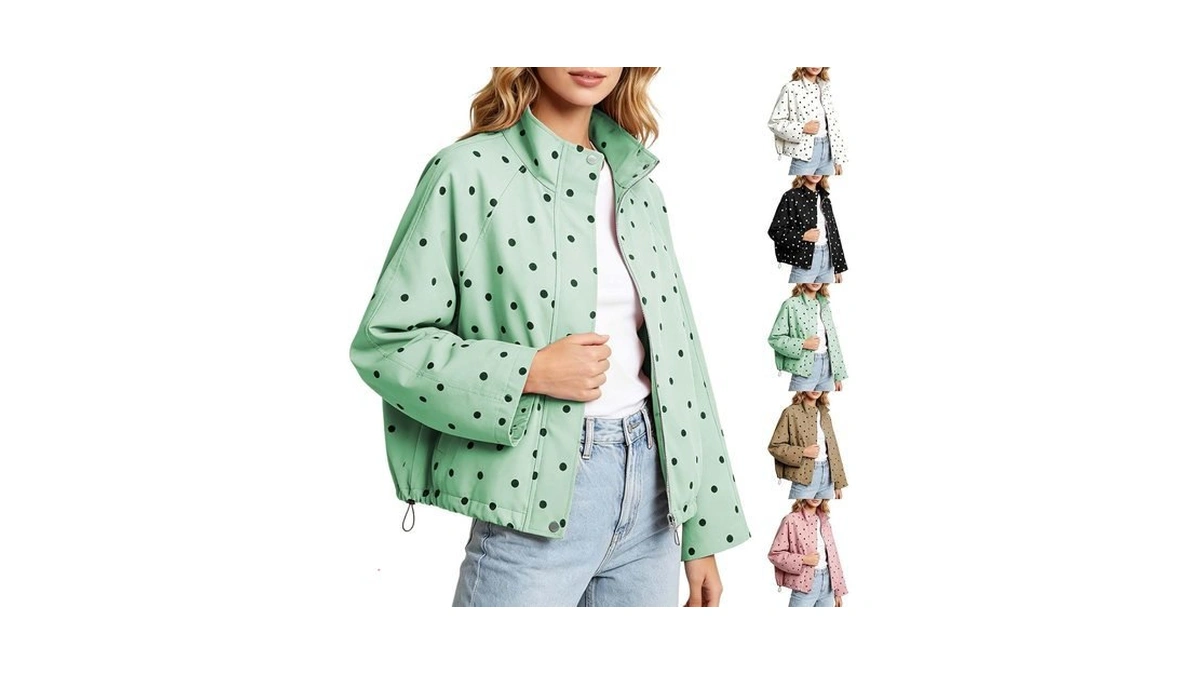 Furundly Cropped Jacket Women Polka Dot Bomber Jacket Stand Collar