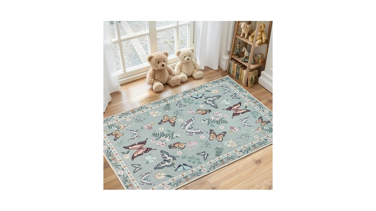 Cevolyn 2x3 Green Butterfly Washable Area Rugs, Stain-resistant Non-slip