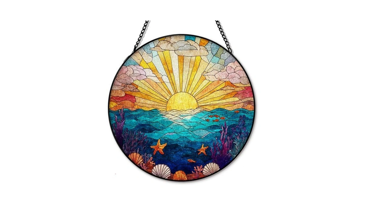 Hxlac Coastal Beach Sunset Suncatcher Stained Glass Window Hanging, Ocean