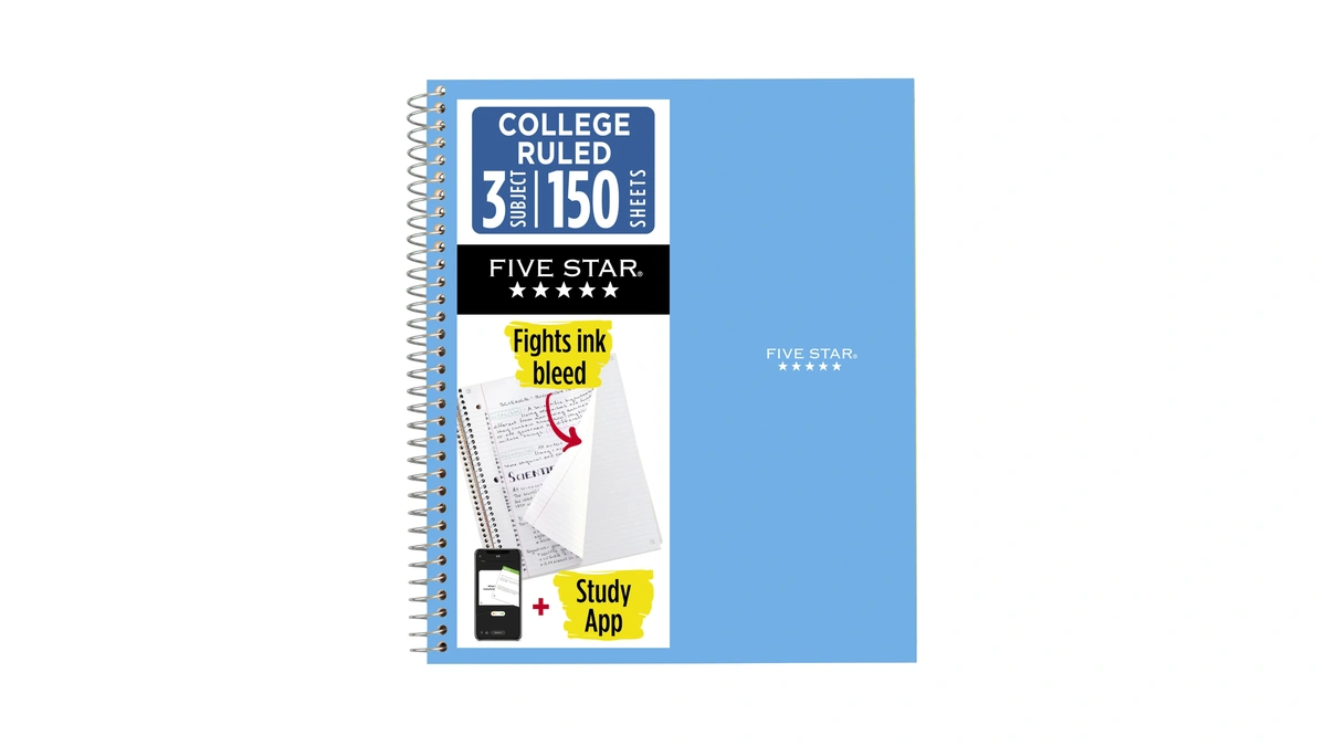 Five Star Spiral Notebook + Study App, 3 Subject, College