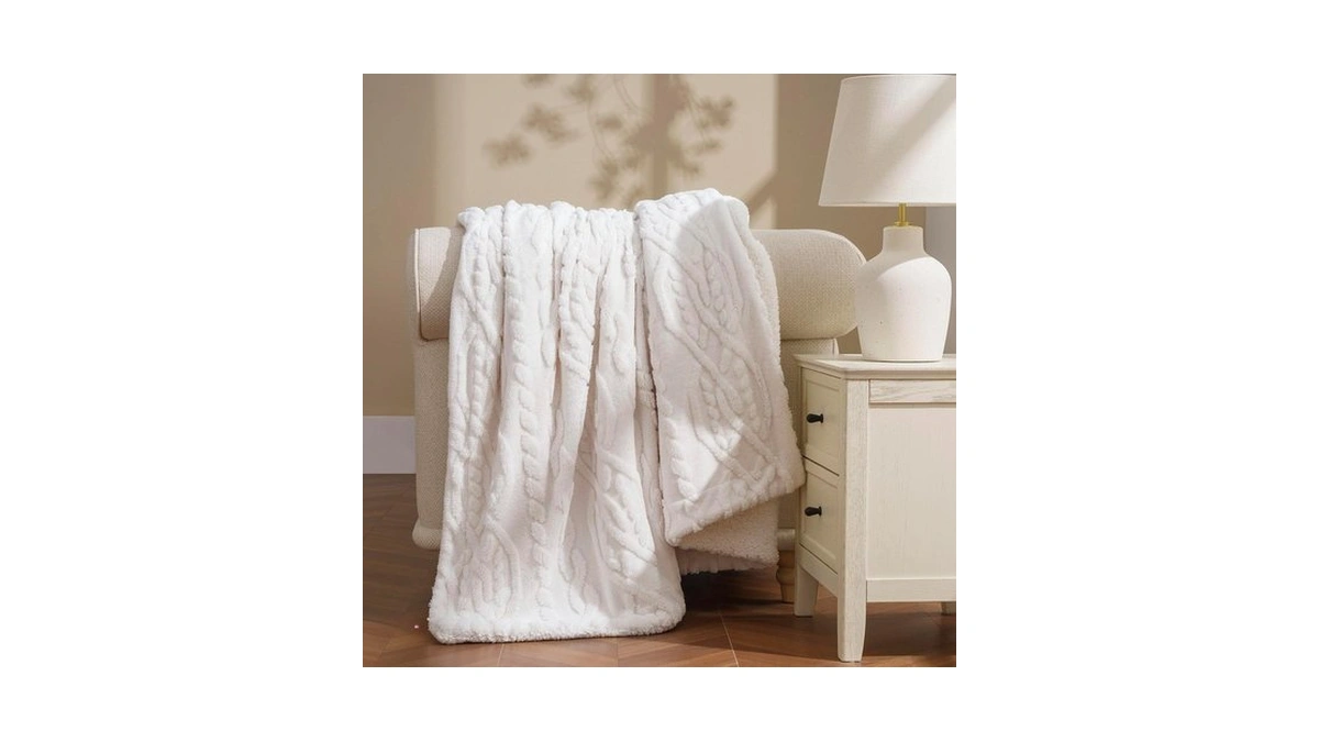 Evergrace Jacquard Reversible Sherpa Throw Blanket, 50" X 60", Bleach