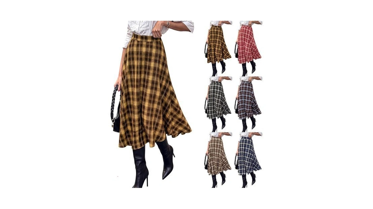 Womens Maxi Skirt Fall High Waisted Flowy Pleated Plaid Skirts
