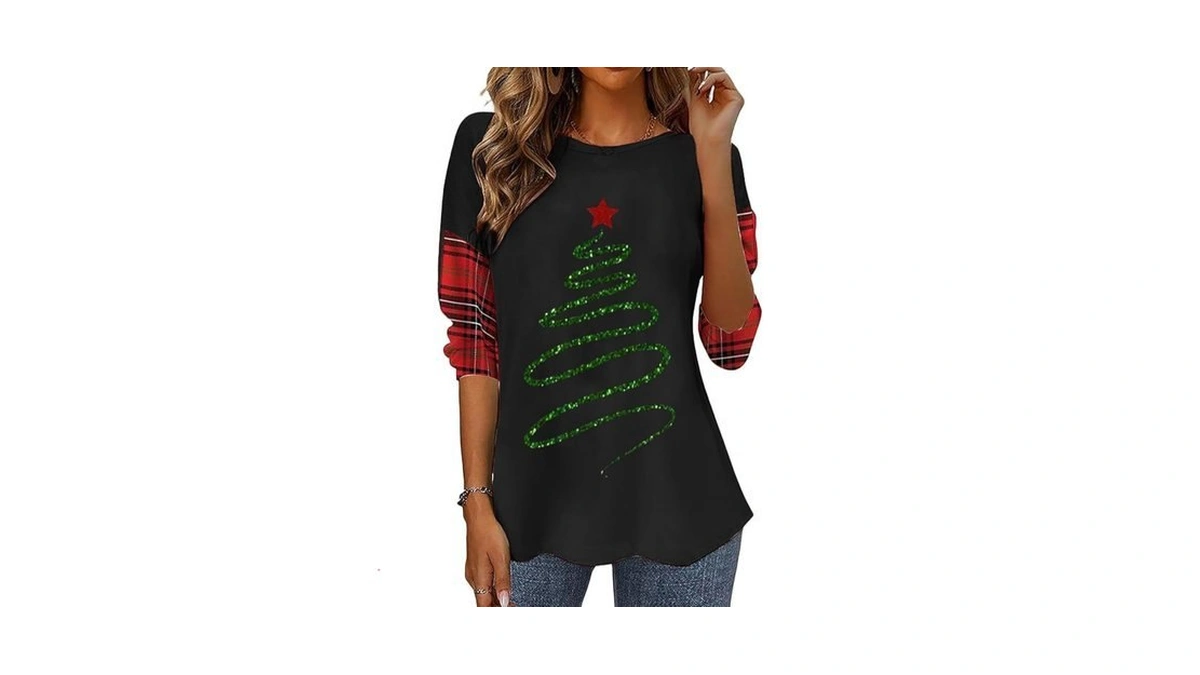 Women Christmas Sparkle Line Tree Shirt Xmas Star Graphic Top,black4,2l