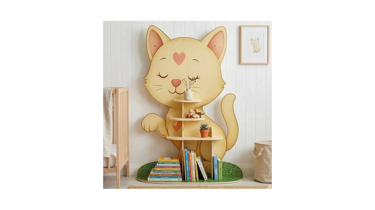 Cat Large Kids Bookshelf Organizer - 47" Tall Wooden Book