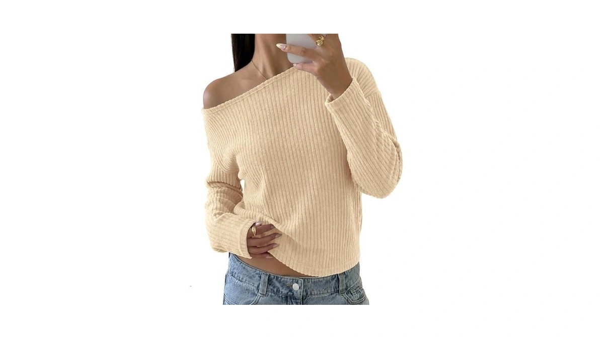 Kirundo Womens Off Shoulder Sweater Ribbed Long Sleeve Tops