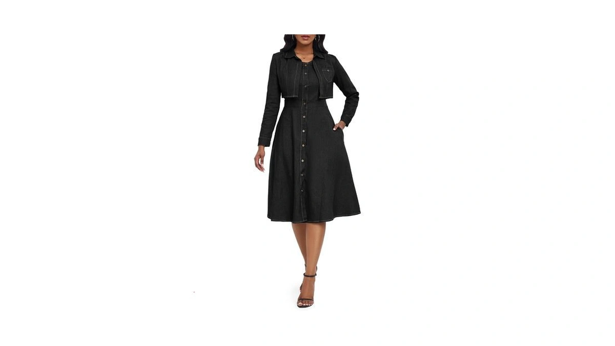 Verwin Two Pieces Denim Dress With Jackets Midi Dress Button