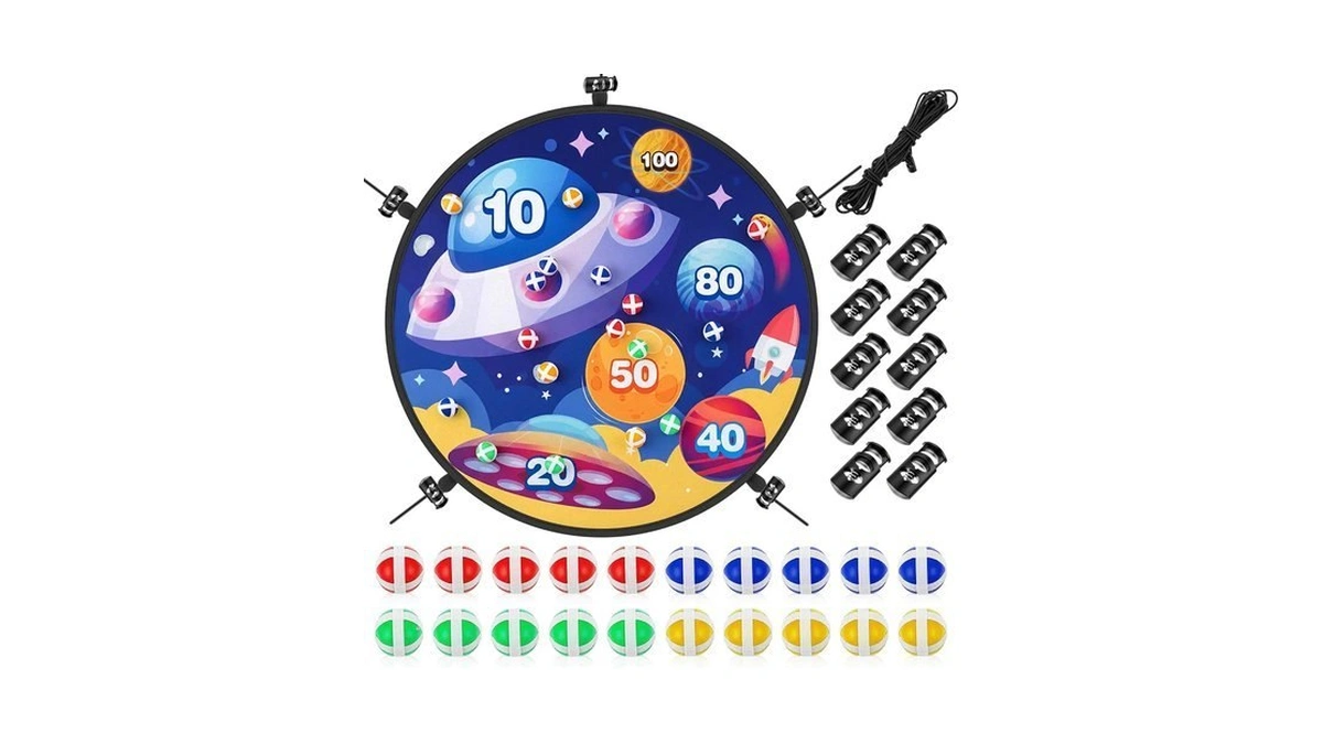 Lunmon 29'' Trampoline Kids Dart Board, 20 Balls, Universe Style