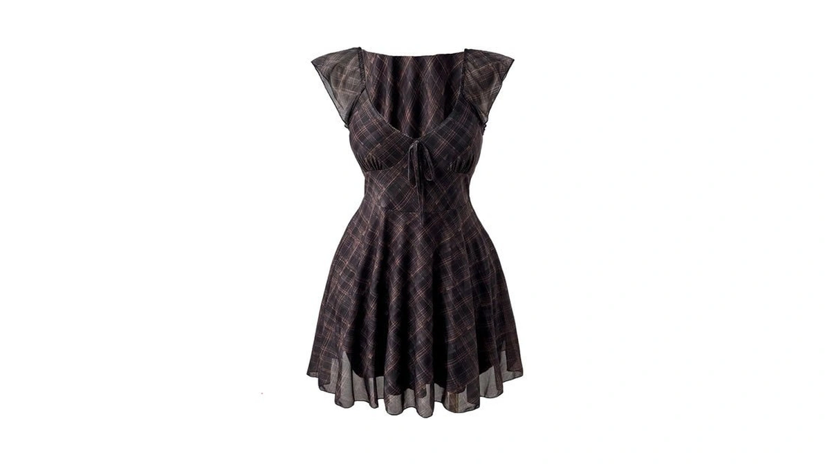 Beaudrm Women's Plus Size Plaid Sheer Mesh Mini Dress Vintage