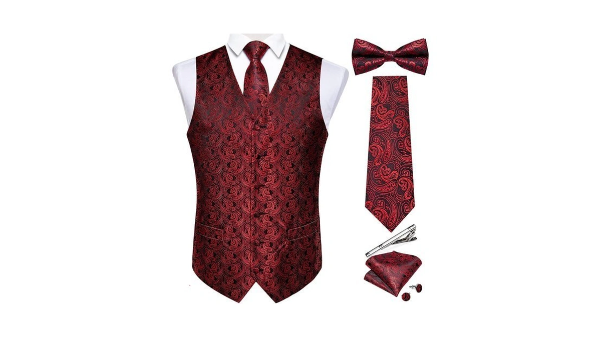 Dibangu Men's Red Paisley Vest And Necktie Set 6pcs Pre-tied