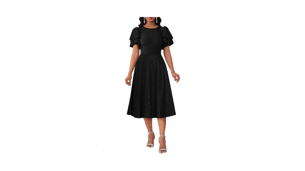 Verwin Women's Ruffle Short Sleeve Sparkly Round Neck Pleated Skater