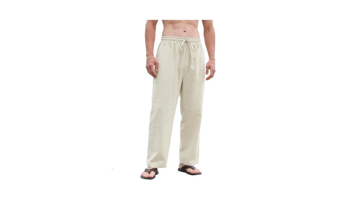 Bgylu Men's Cotton Linen Pants Elastic Drawstring Lightweight Trousers