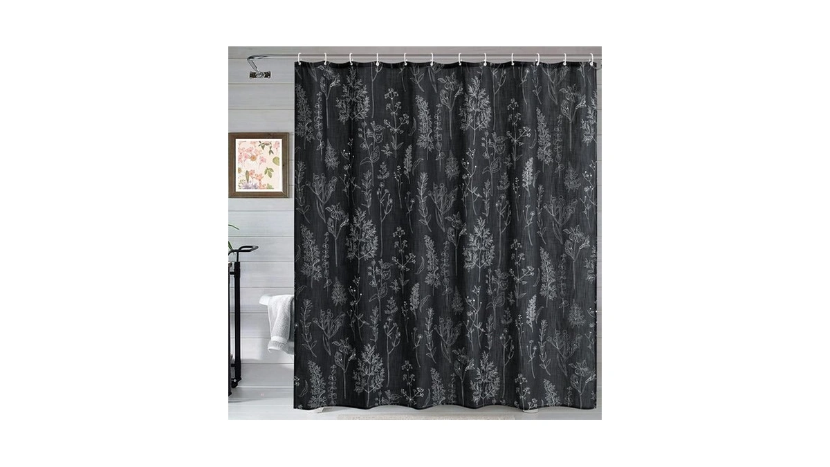 Estmy Vintage Botanical Linen Shower Curtain For Bathroom In Black