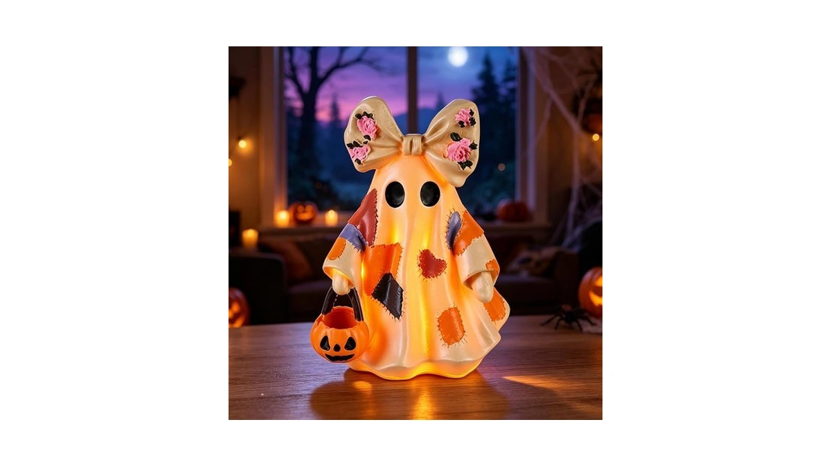 Lighted Vintage Halloween Patchwork Ghost, Light Up Ghost Decor
