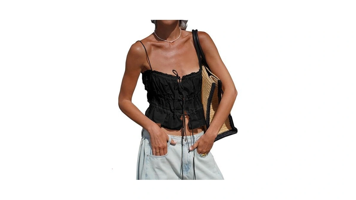 Tankaneo Womens Summer Tie Front Crop Tops Cute Spaghetti Strap
