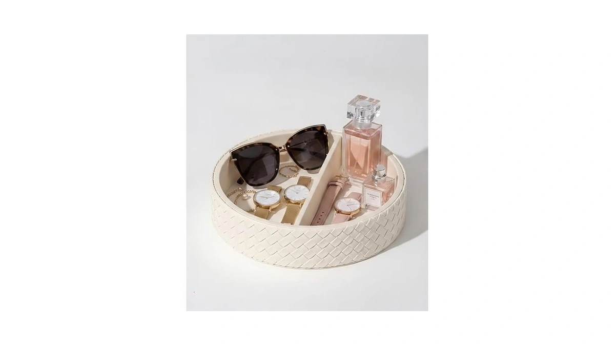 Jekolife Round Faux Leather Vanity Tray Organizer For Dresser Perfume