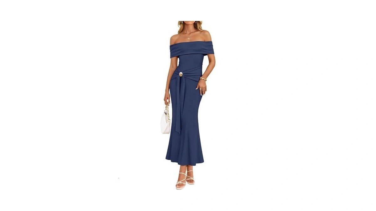 Zesica Womens Summer Elegant Off Shoulder Bodycon Maxi Dress Navy