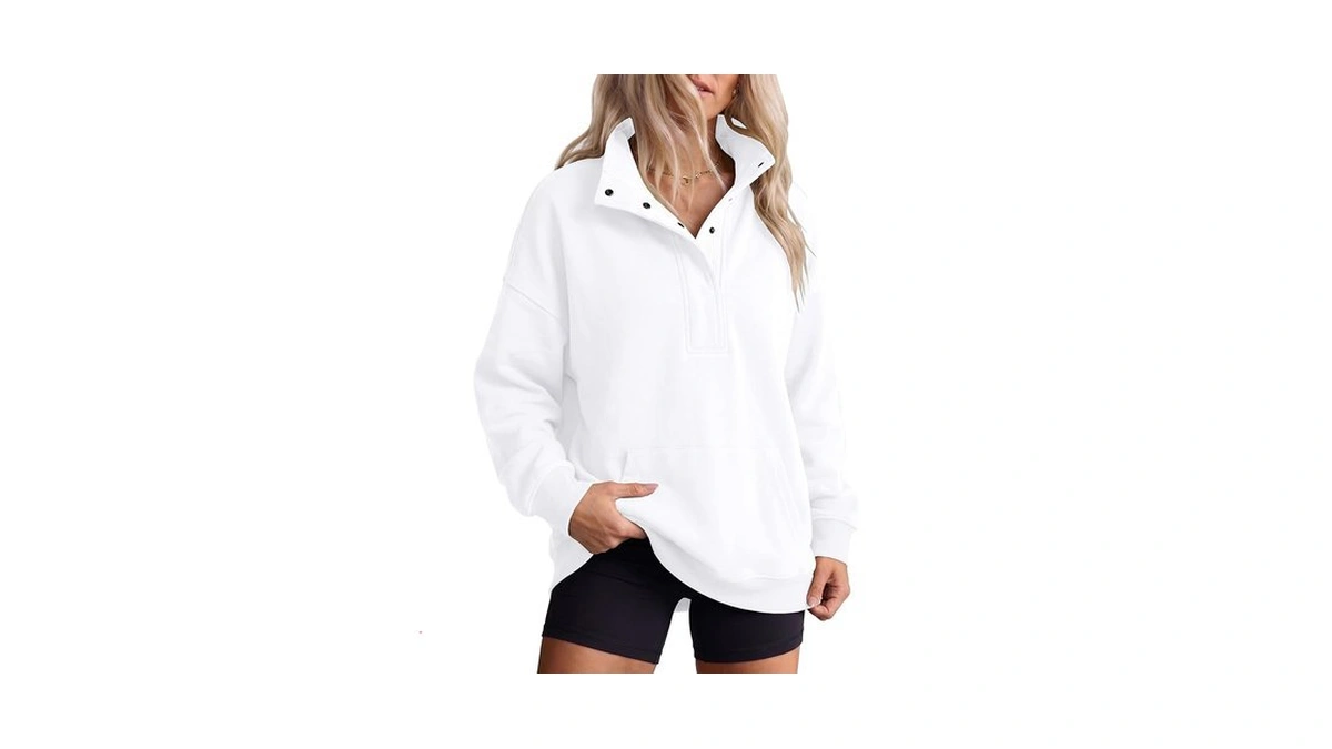 Quenteen Womens Oversized Sweatshirt Mock Neck Henley Pullover Tops White