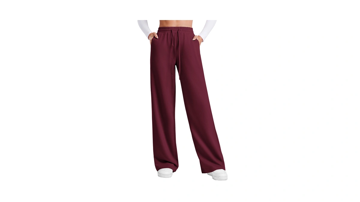 Pinspark Women's Wide Leg High Waisted Sweatpants Red Merlot Tall