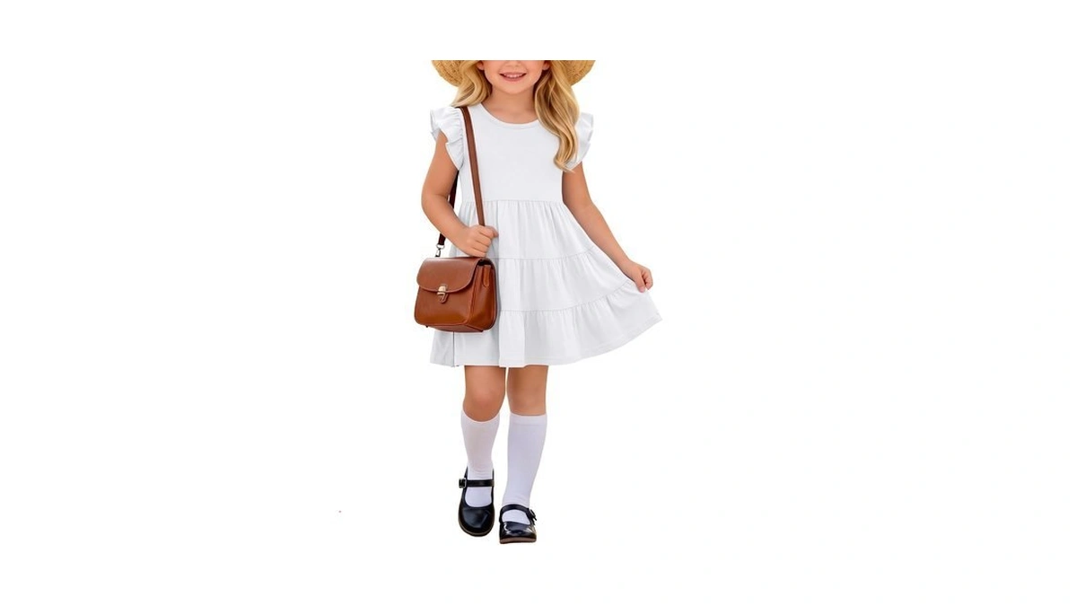 Vinsatin Girls Ruffle Sleeve Dress, White, 11-12 Years