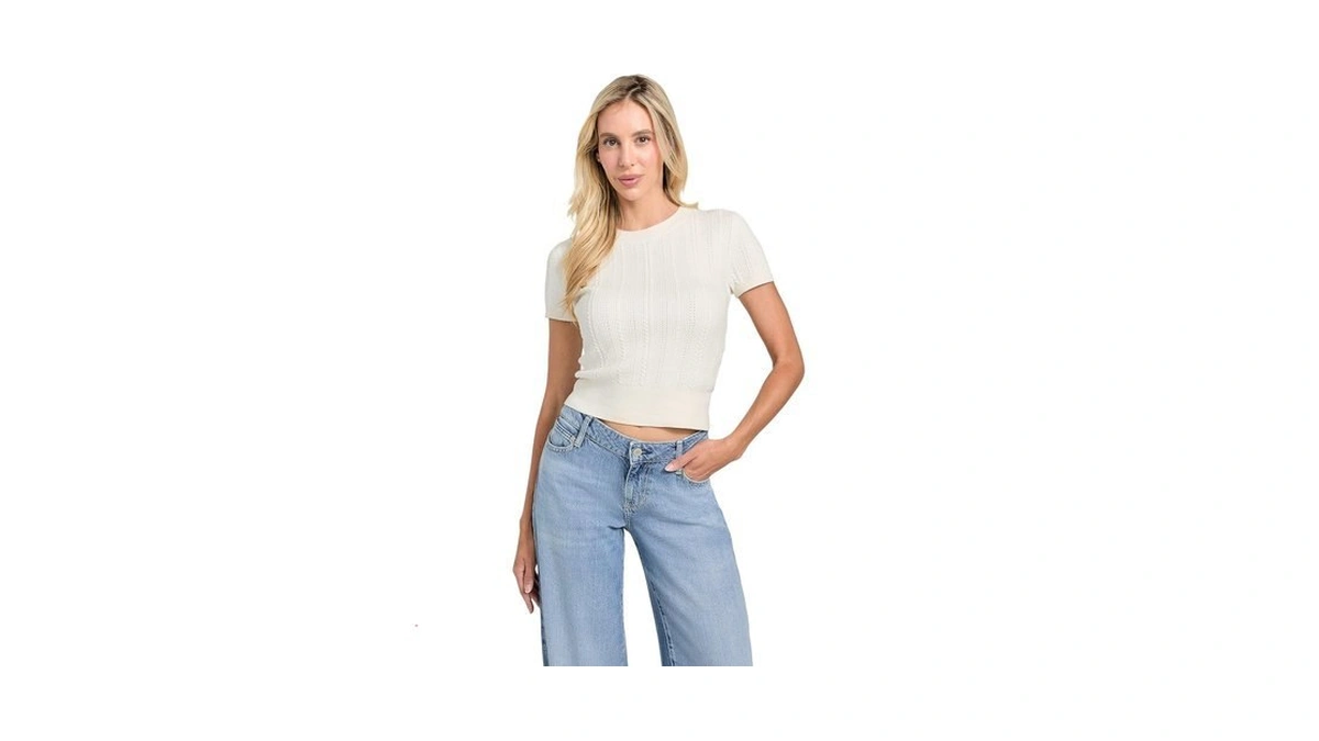 Guess Womens Eco Short Sleeve Chenille Marcie Cable Sweater, Dove