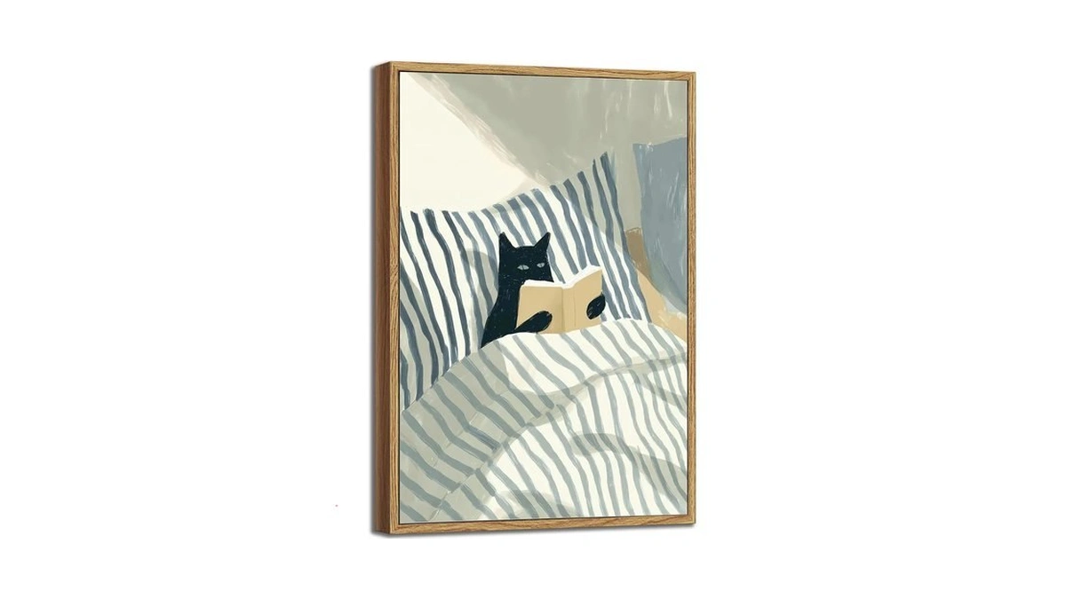 Ptslan Black Cat Reading Book Framed Wall Art Funny Cat