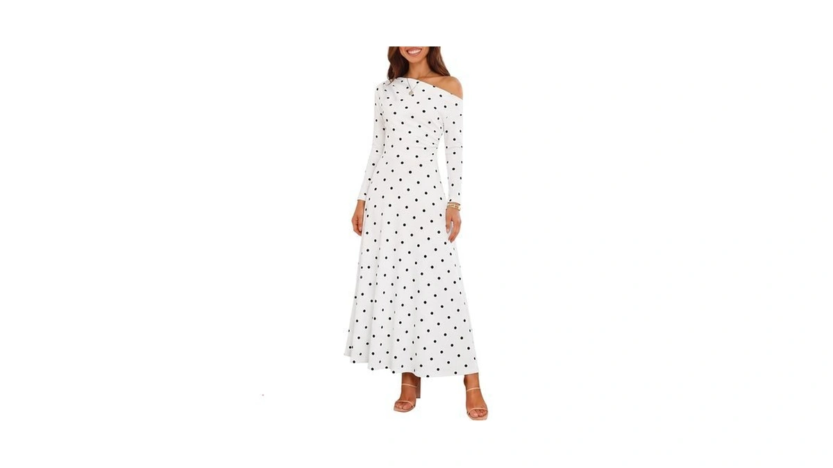 Fomely Womens Polka Dot Dress Off Shoulder Long Sleeve Fall