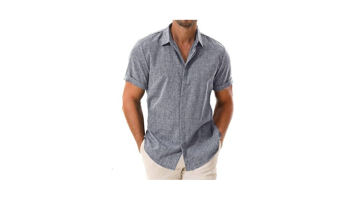 Drazivon Men's Linen Short Sleeve Button Down Casual Shirts Blue