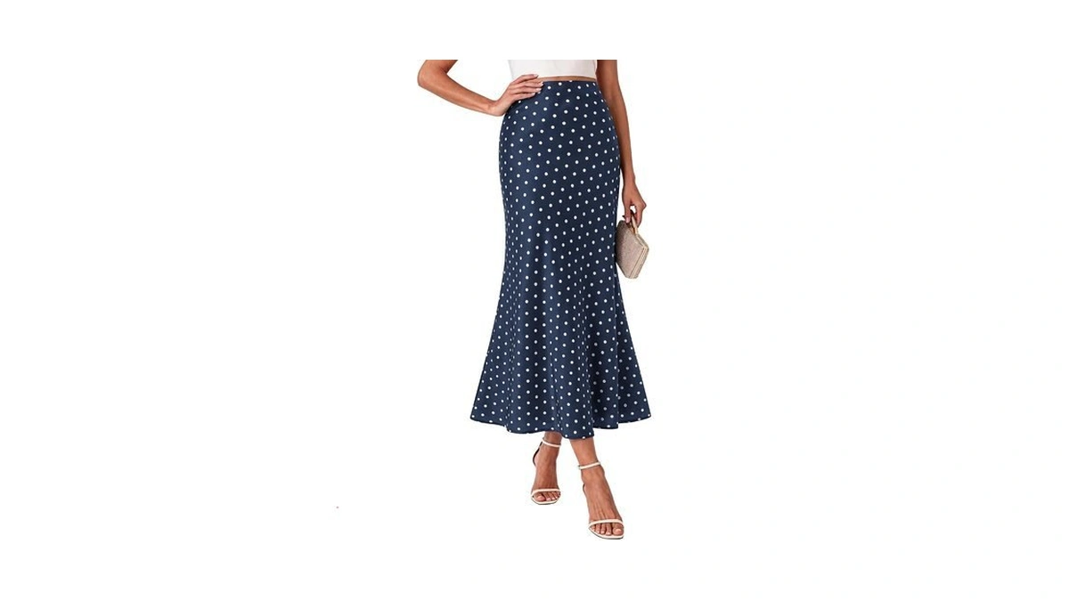 Btfbm Silk Midi Skirts For Women 2026 Summer Fall,dot Navy