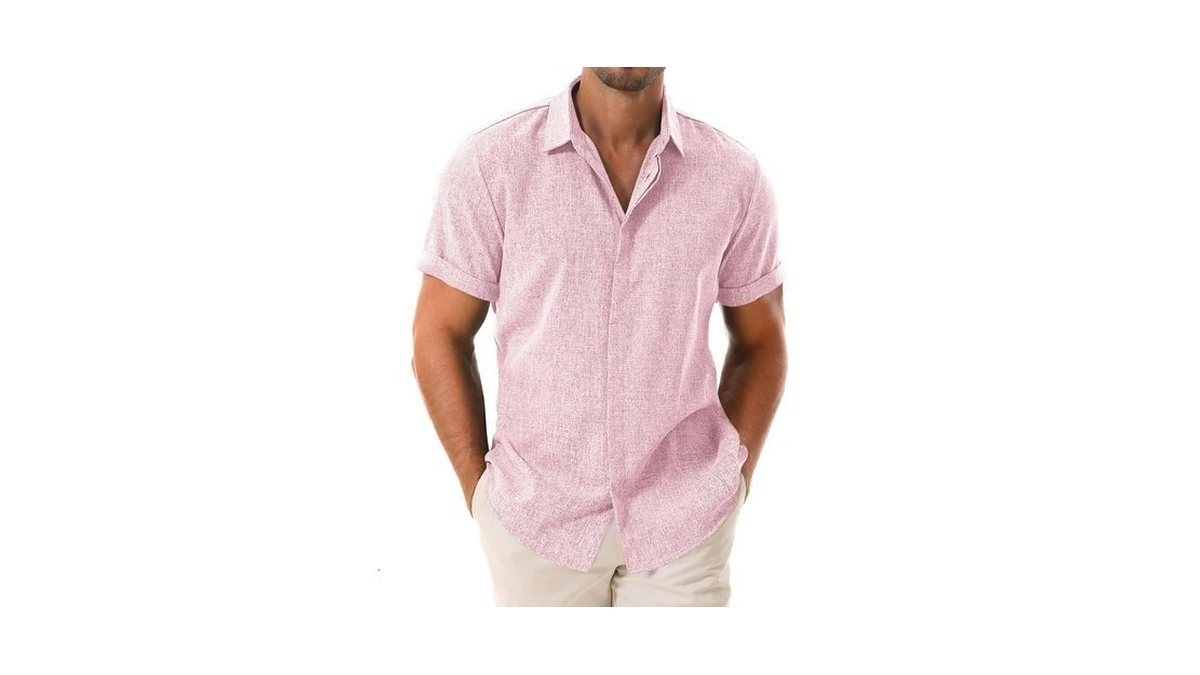 Drazivon Men's Linen Short Sleeve Button Down Casual Shirts Pink-fx
