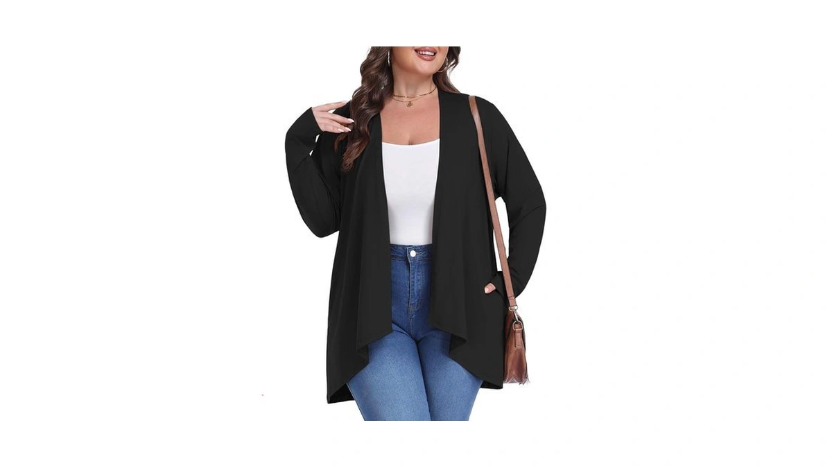 Joyjoli Plus Size Black Sweater For Women Open Front Black-5x