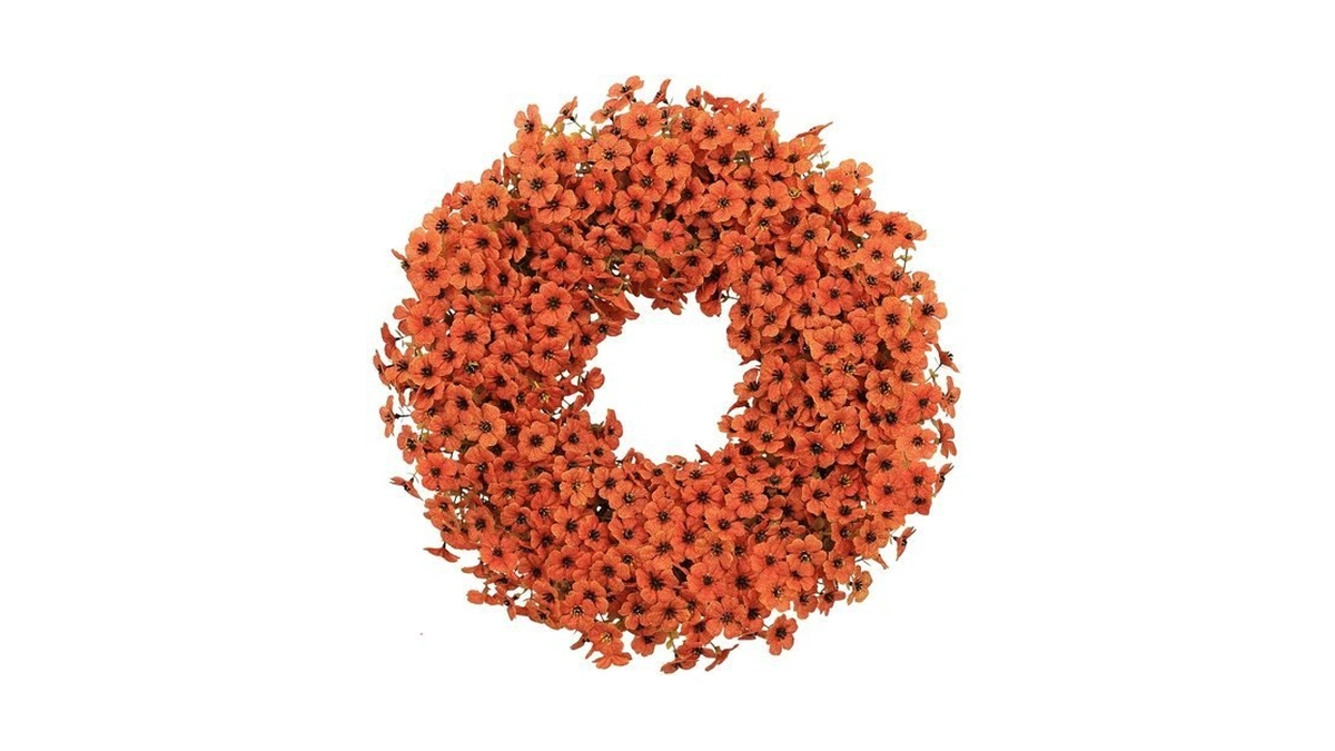 20" Orange Fall Wreath For Front Door, Artificial Mums Autumn