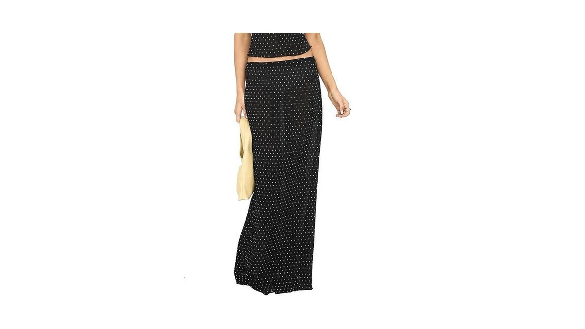 Vaenqazi Women's Pleated Polka Dot Maxi Skirt A-line，black，small