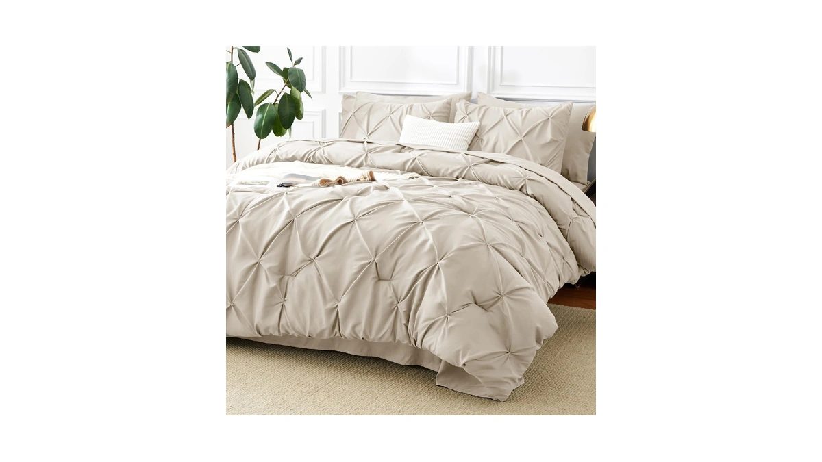 Cozylux King Size Comforter Set Beige, 7 Pieces Pintuck Bed