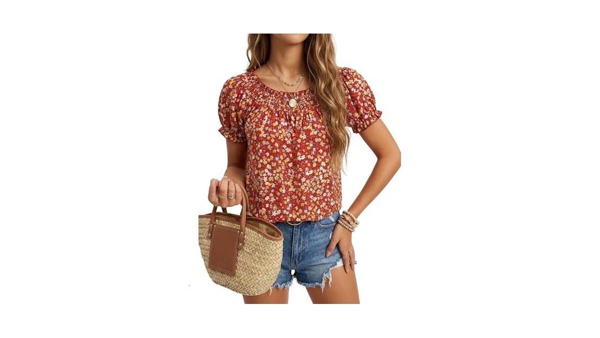 Lyaner Women's Smocked Round Neck Boho Blouse Tops Wine Red
