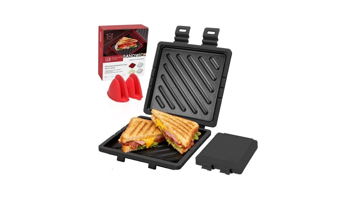 Microwave Sandwich Maker With Non-stick Plates And Adjustable Strap, Black