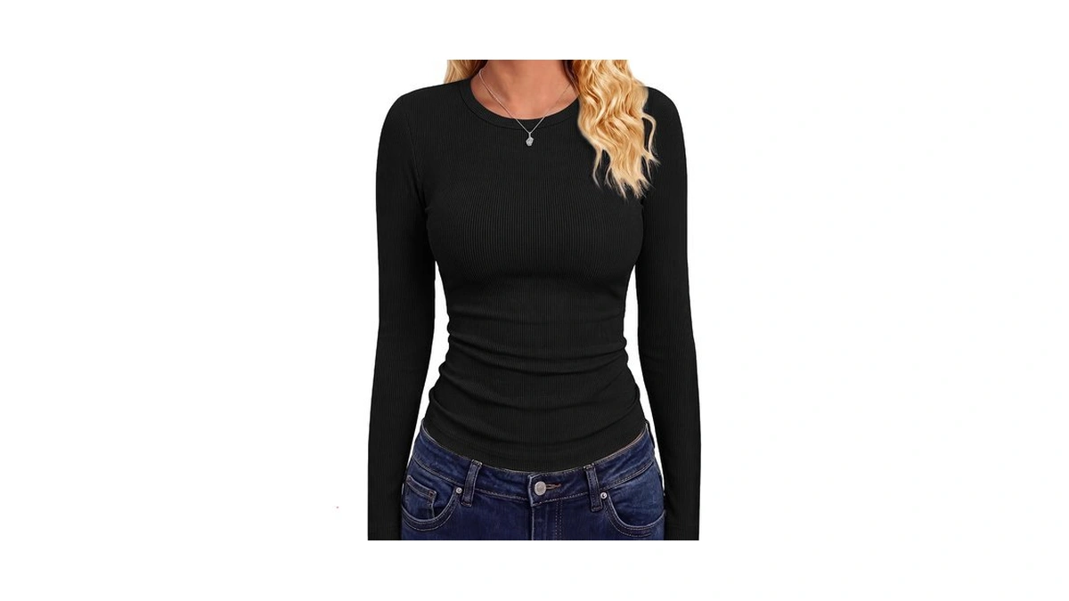 Gayhay Black Top Womens Long Sleeve Ribbed Shirts Basic Tees
