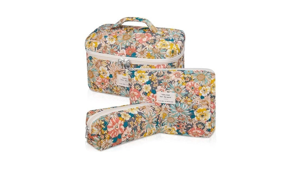 Gosect Makeup Bag Set, Quilted Makeup Bag, Large Floral Cosmetic