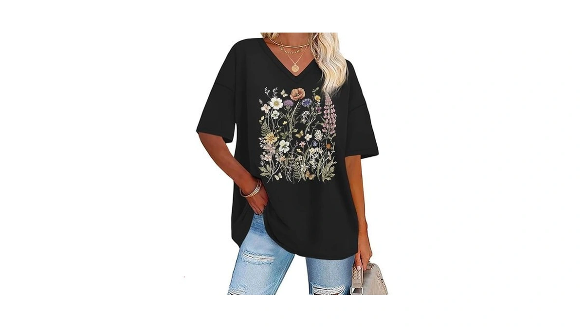Eatbook Oversized Tshirts For Women V Neck Boho Floral Graphic